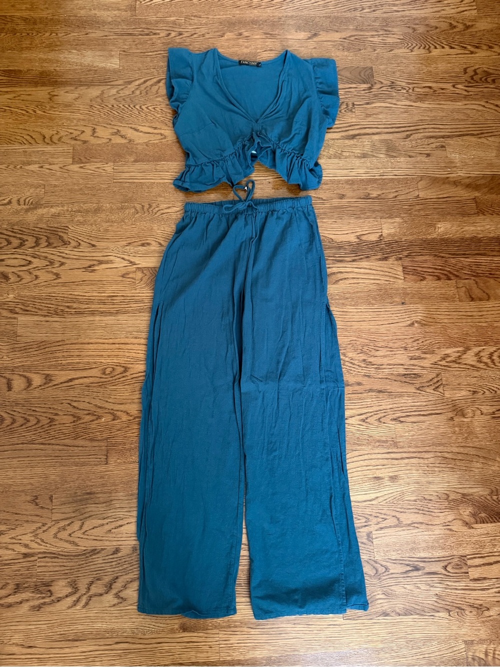 Fancyinn Teal Ruffle Tie-Front Crop Top with Wide-Leg Pants Set